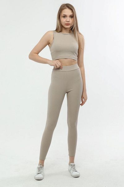 Grenj Fashion Πλεκτό κολάν μπεζ με ραβδώσεις με ψηλή μέση