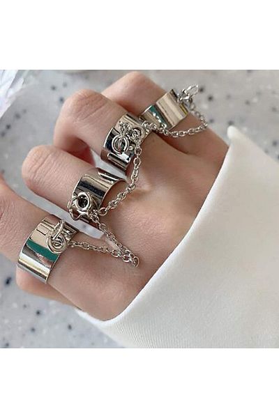 Köstebek Four Finger Chain Silver Adjustable Ring