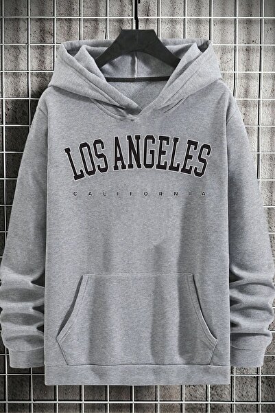 Trend Sizde Φούτερ με κουκούλα Unisex Grey Los Angles California με στάμπα