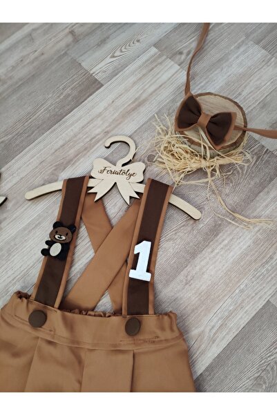 Feriatolye Teddy Bear Concept Baby Boy Salopet Brown Brown Striped 1 Year Old Birthday Outfit