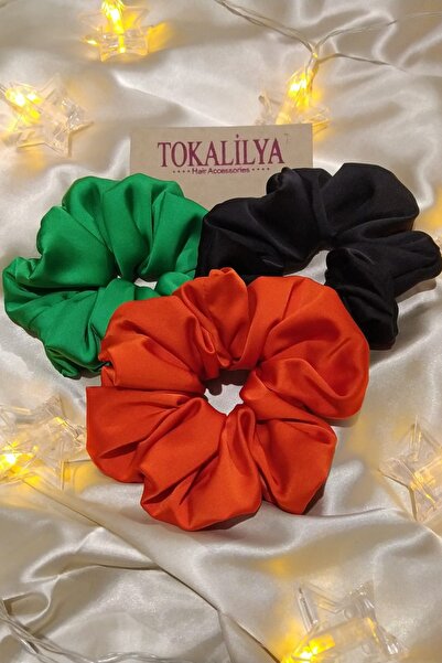 TOKALİLYA Kadın 3Lü Çapı 15 Cm Saten Saç Lastik Simit Scrunçhie Toka Seti
