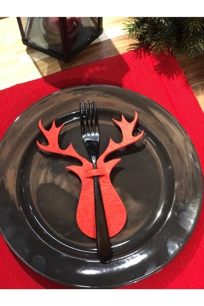 Masalsı Concept 6-Piece Felt New Year's Deer Red Cutlery and New Year's Tableware Decor Presentation Set