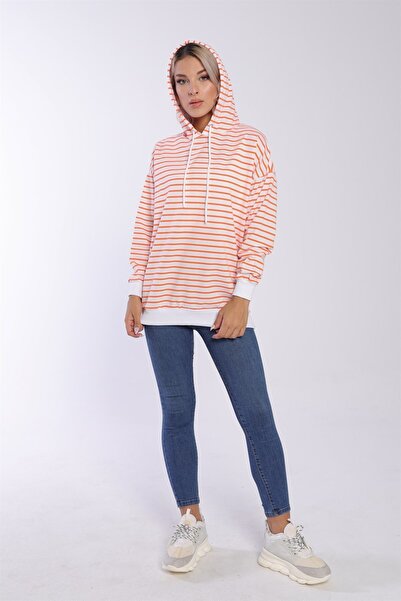 Kadın Çizgili Kapüşonlu Tunik Sweetshirt A23w101-1073