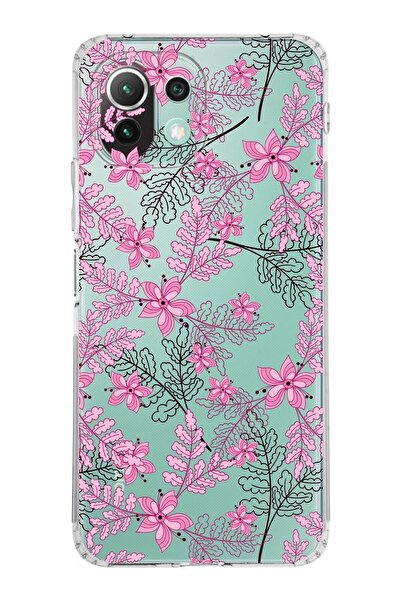 PrintiFy Xiaomi Mi 11 Lite Kamera Korumalı Kapak Floral Pembe Tasarımlı Şeffaf Kılıf