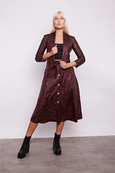 Up Shop Mürdüm Renk Yüksek Bel Cepli Kraş Deri Kiloş Etek