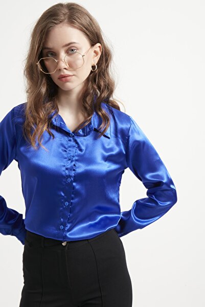 MEECY Дамска синя сатенена риза Saks