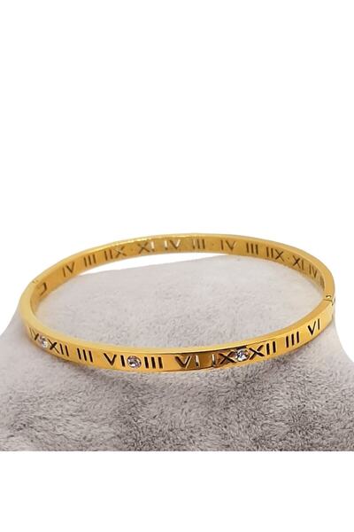 Çelik سوار ذهبي اللون مرصع بأحجار الزركون بأرقام رومانية مع مشبك