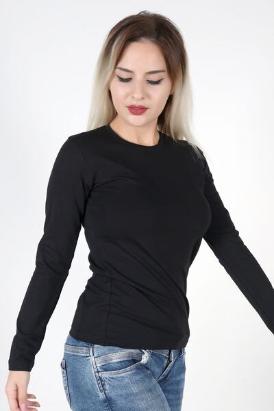 moda felinya Дамска черна блуза с дълъг ръкав и обло деколте