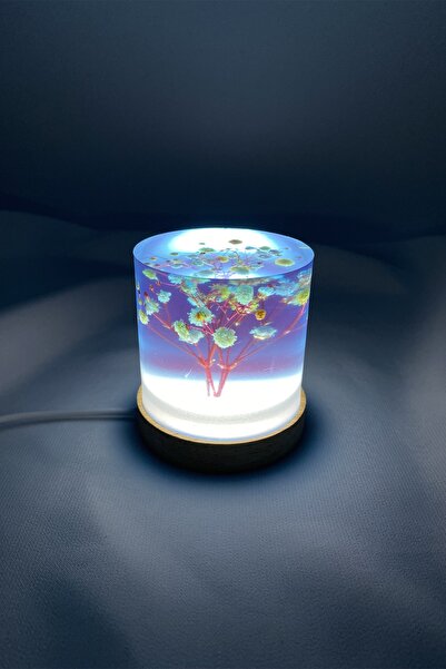 Jewesto Özel Tasarım Yeşil-kırmızı Çiçek Detaylı Silindir Epoksi Gece Lambası