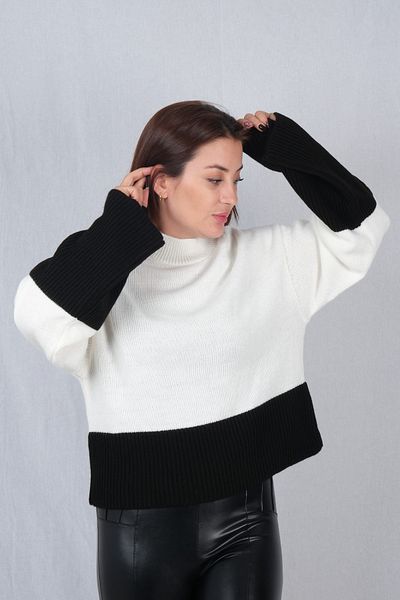 Shido White Sweater, Women's White Black Detailed Sweater