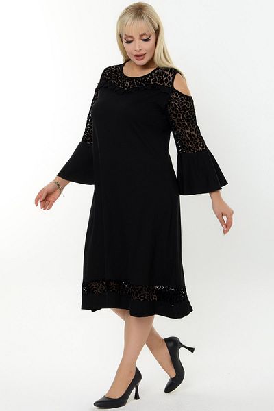 Kheos Off Shoulder Round Neck Lycra Flowy Plus Size Below Knee Dress with Tulle Detail on Chest Sleeves and Skirt