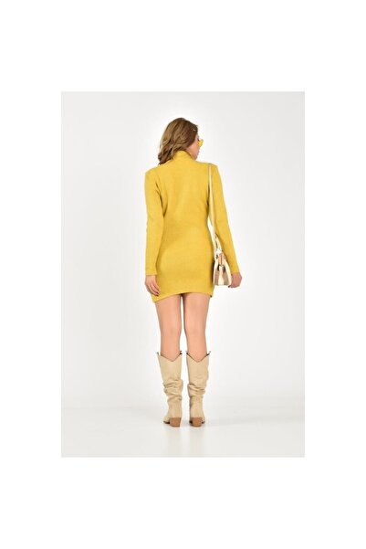 Karataş Giyim Kadın Hardal Renk Balıkçı Yaka Triko Mini Elbise Boy 90cm