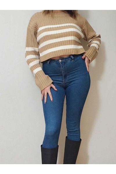 BAHHAR Pulover crop model cu dungi maro pentru femei (compatibil cu mărimea S-m-l-xl)