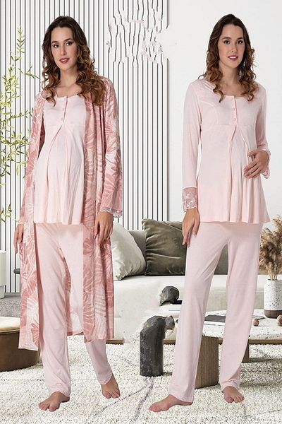 Lohussa Women's Salmon Patterned Lace Long Sleeve Cotton Maternity Maternity Dressing Gown Pajama Set