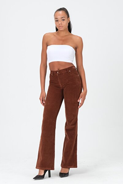 Barkaist Kadın Koyu Kahve Normal Bel Boru Paça Fitilli Kadife Pantolon