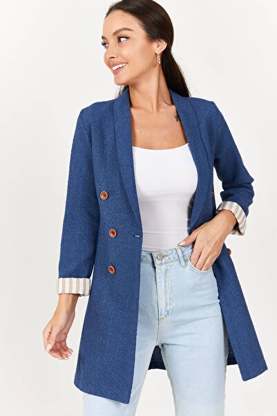 armonika سترة نسائية طويلة منقوشة ذاتيًا باللون الأزرق الداكن وأكمام داخلية A...