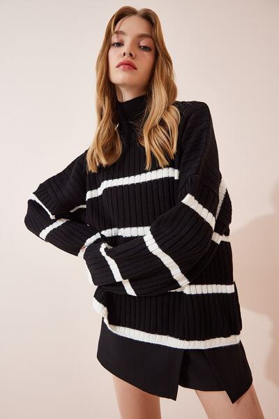 Happiness İstanbul Pulover de damă negru cu dungi oversize tricotaj DD01143