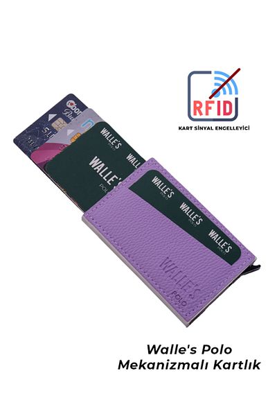 Walle's Polo Unisex Lilac Leather Rfid Protected Automatic Aluminum Mechanism Card Holder