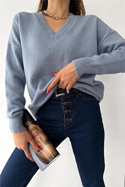 FEMELLE Női babakék V-nyakú standard méretű Oversize Basic kötöttáru pulóver