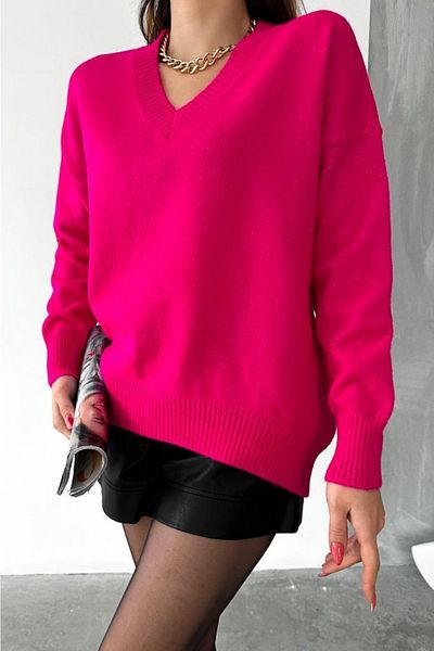 FEMELLE Pulover de damă, fucsia, cu decolteu în V, mărime standard, supradimensionat, tricotaj de bază