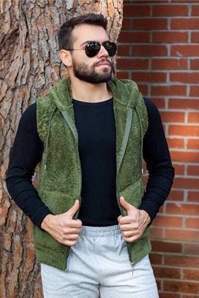 Azıcık Akıllı Чоловічий хакі плюшевий м'який жилет на блискавці з капюшоном 22eylkpelo