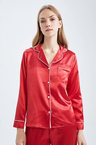 DeFacto Fall In Love Regular Fit Shirt Collar Satin Long Sleeve Pajama Top
