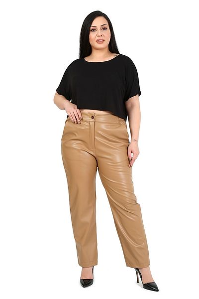 DISENTIS MODEST Plus Size Beige Leather Trousers with Elastic Waist and Side Pockets