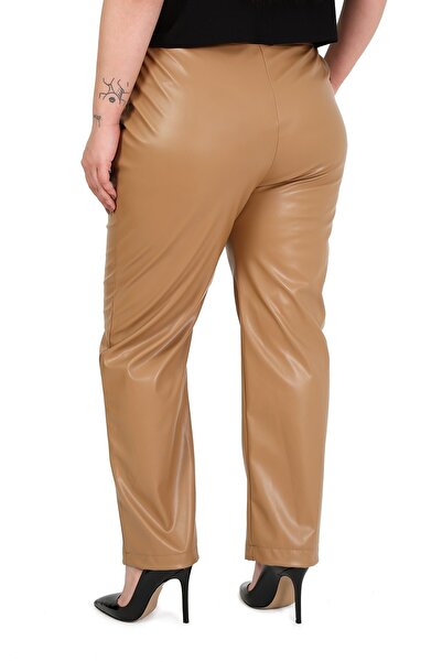 DISENTIS MODEST Plus Size Beige Leather Trousers with Elastic Waist and Side Pockets