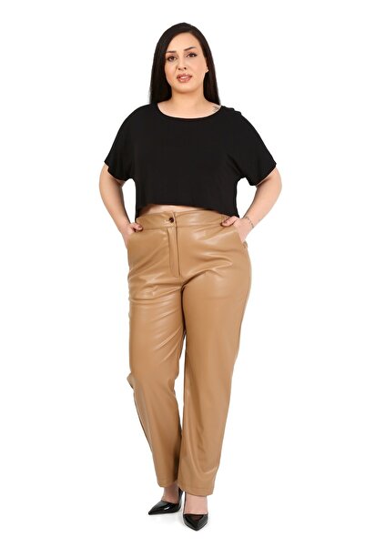 DISENTIS MODEST Plus Size Beige Leather Trousers with Elastic Waist and Side Pockets
