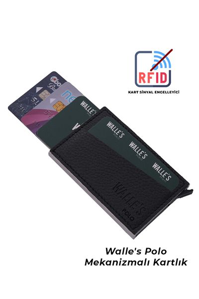 Walle's Polo Unisex Μαύρο Δερμάτινο Rfid Προστατευμένο Αυτόματο Μηχανισμό Αλουμινίου Θήκη κάρτας