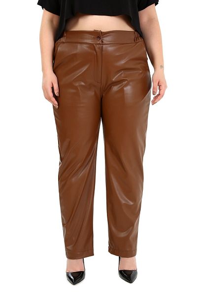 DISENTIS MODEST Plus Size Brown Leather Trousers with Elastic Waist and Side Pockets