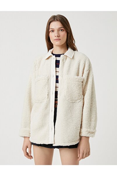 Koton Oversize plyšová košilová bunda s kapsami