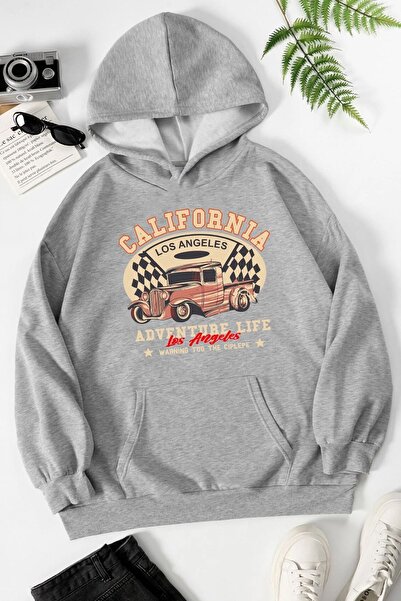 Trend Sizde سويت شيرت بقلنسوة مطبوع عليه كاليفورنيا باللون الرمادي للجنسين