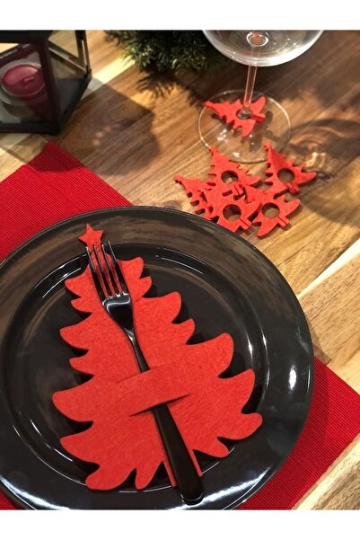 Masalsı Concept 6-Piece Felt Christmas Tree Red Cutlery and 6-Piece Goblet Ornament Christmas Tableware Decor Presentation Set