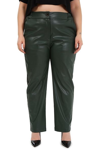 DISENTIS MODEST Khaki Leather Large Size Trousers - Side Elastics and Pockets