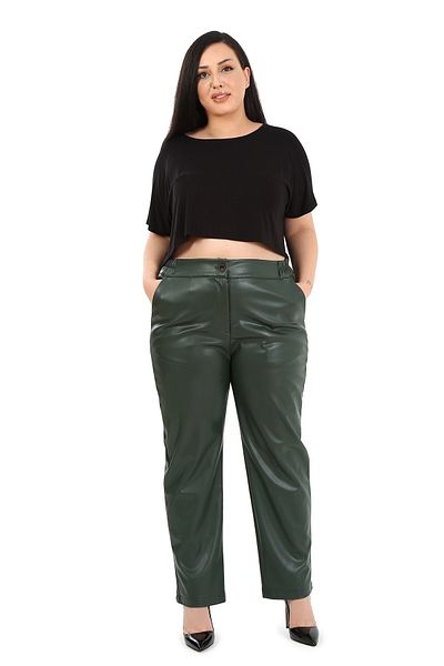DISENTIS MODEST Khaki Leather Large Size Trousers - Side Elastics and Pockets