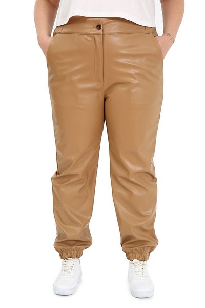 DISENTIS MODEST Plus Size Beige Leather Trousers with Elastic Waist and Side Pockets and Elastic Legs