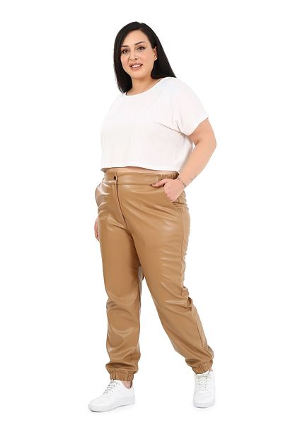 DISENTIS MODEST Plus Size Beige Leather Trousers with Elastic Waist and Side Pockets and Elastic Legs