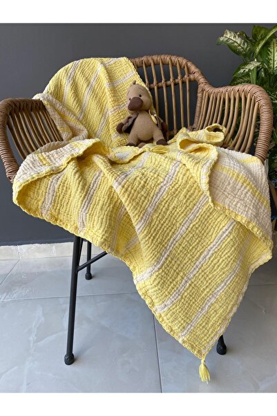 YASEMİNİNEVİ Müslin Sarı Çizgili Bebek Yatak Örtüsü