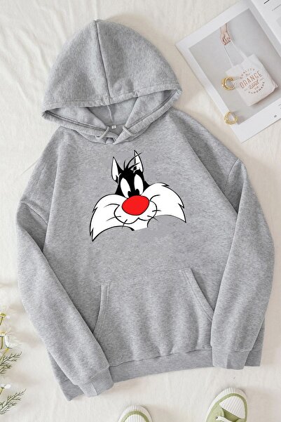 Trend Sizde سويت شيرت بغطاء رأس وطبعة أمامية باللون الرمادي للجنسين