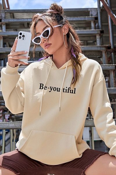 MODAGEN Unisex Beige Be-you-tiful φούτερ με κουκούλα με στάμπα
