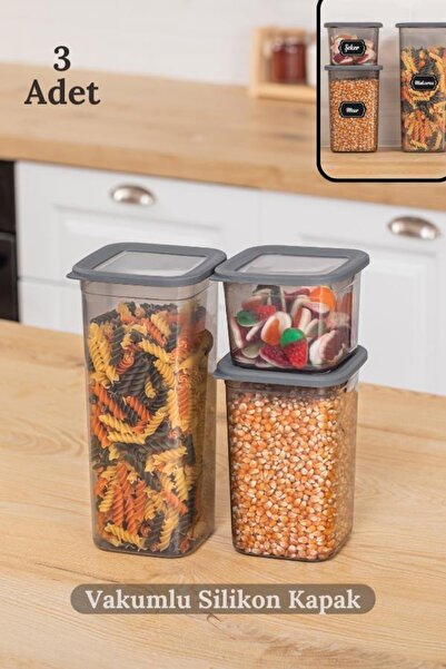 HOMENIVA 3'lü Vakumlu Silikon Kapaklı Kare Erzak Saklama Kabı Seti - Antrasit