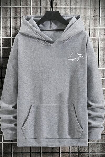 Trend Sizde Unisex Gray Saturn Graphic Printed Hooded Sweatshirt