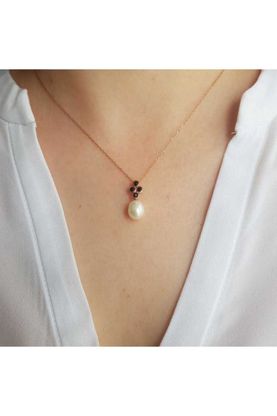 CNG JEWELS Dört Siyah Taşlı Doğal Damla İncili Gümüş Kolye