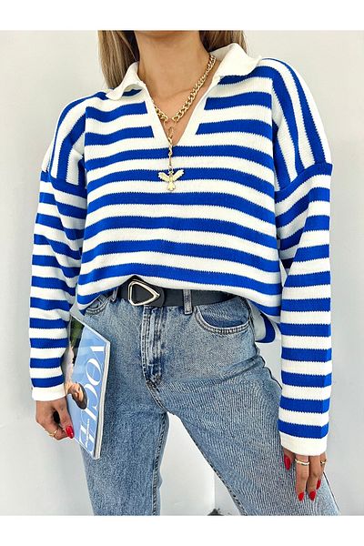 Jose Clothing Women's Saks Blue Polo Collar Striped Long Sleeve Knitwear Sweatshirt