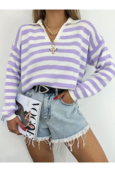 Jose Clothing Pulover de damă cu guler polo cu dungi liliac - mânecă lungă