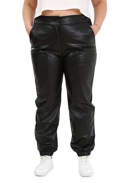DISENTIS MODEST Plus Size Black Leather Trousers with Elastic Waist and Side Pockets and Elastic Legs