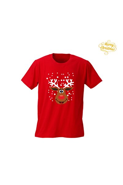 HediyeMania Κόκκινο χριστουγεννιάτικο μπλουζάκι Snowing Deer Design με τύπωμα...