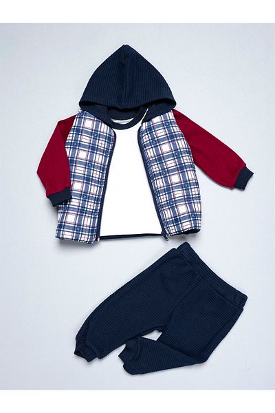 Necix's Plaid Hooded Inflatable Vest Cotton 3 Piece Baby Boy Set