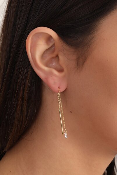 Bilsen Store 925 Ayar Gümüş Altın Kaplama Beyaz Damla Taşlı Sallanan Küpe